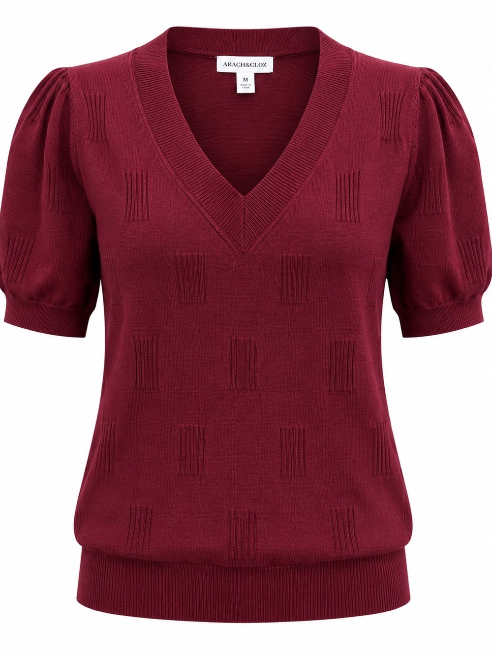 ARACH&CLOZ Burgundy V-Neck Puff Sleeve Knit Top M